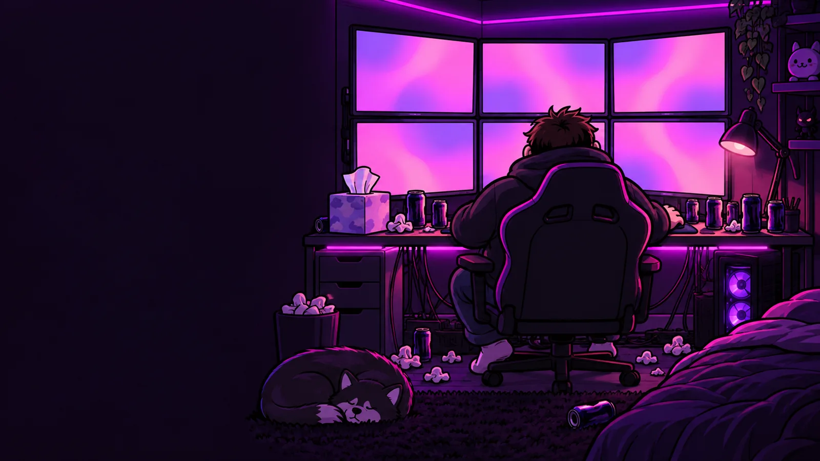A guy in a hoodie in front of six glowing monitors in a dark room